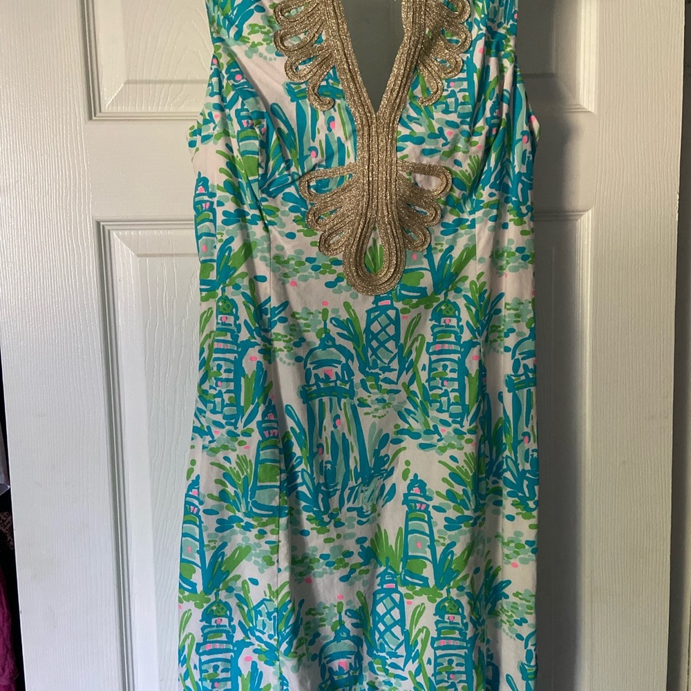 Lilly Pulitzer Vibrant Lighthouse Shift Dress with Gold detail